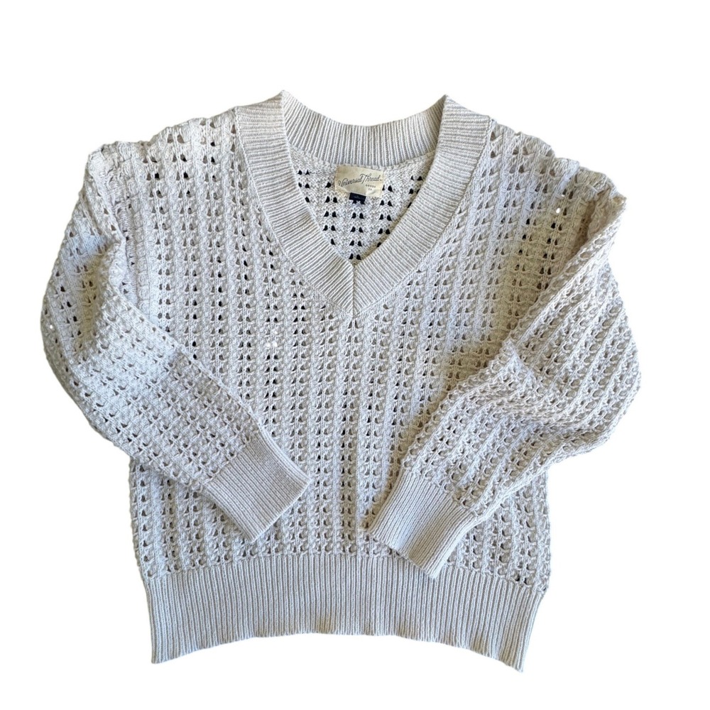 Universal Thread Cream Open Knit V-Neck Sweater Womens‎ Small Crochet Pullover